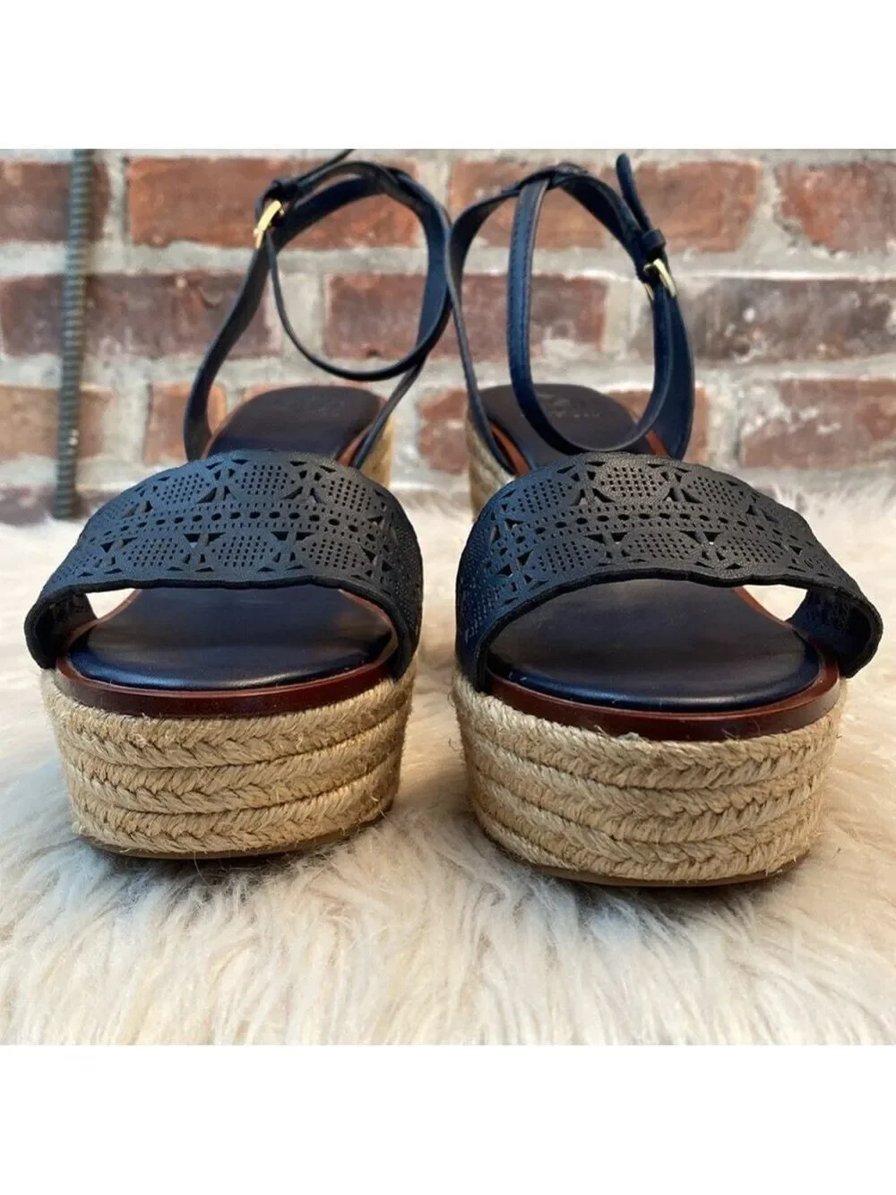 Tory Burch Roselle Navy Laser Cut Leather Platform Espadrille Sandals, Size 10.5